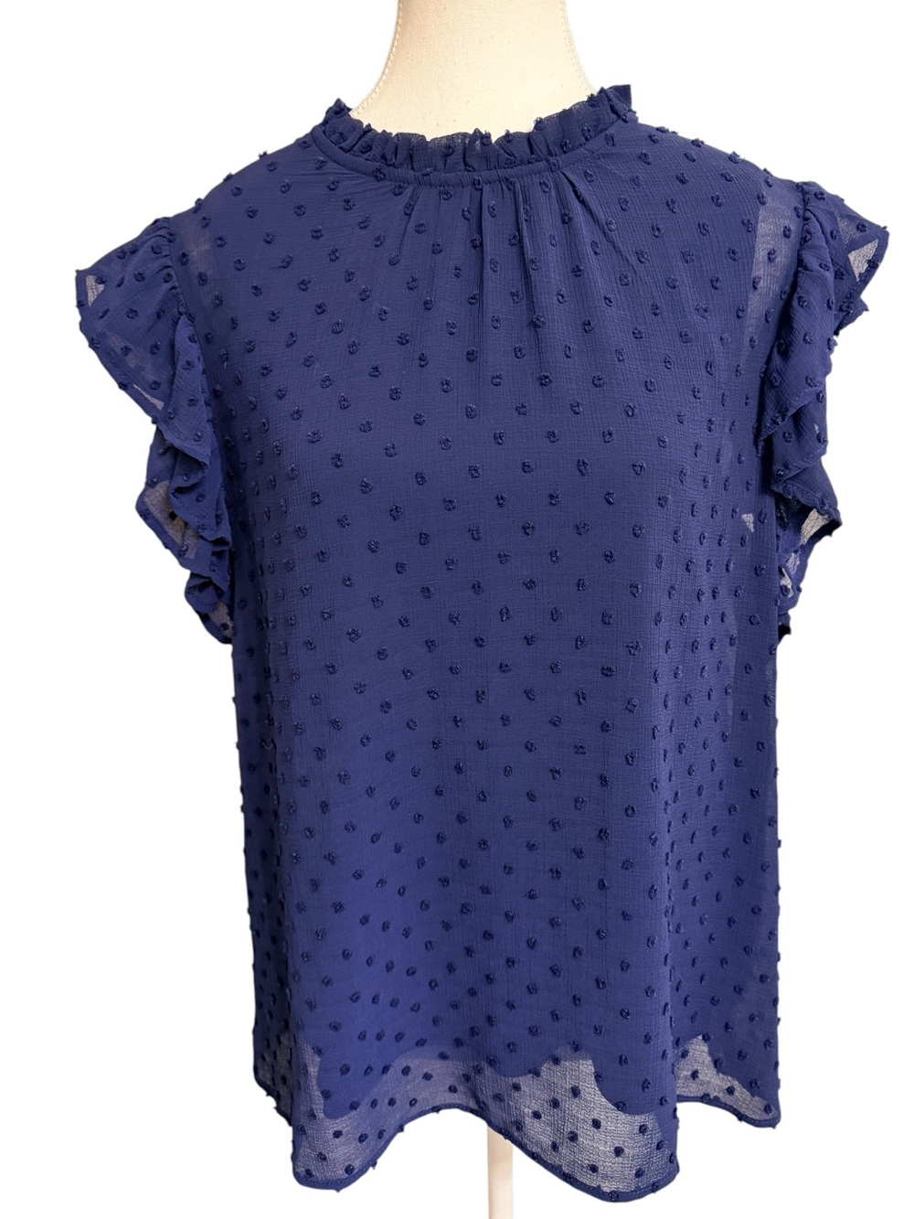 Spense XL Navy Swiss Dot Ruffle Flutter Sleeve Blouse Business Casual Office - Picture 2 of 10